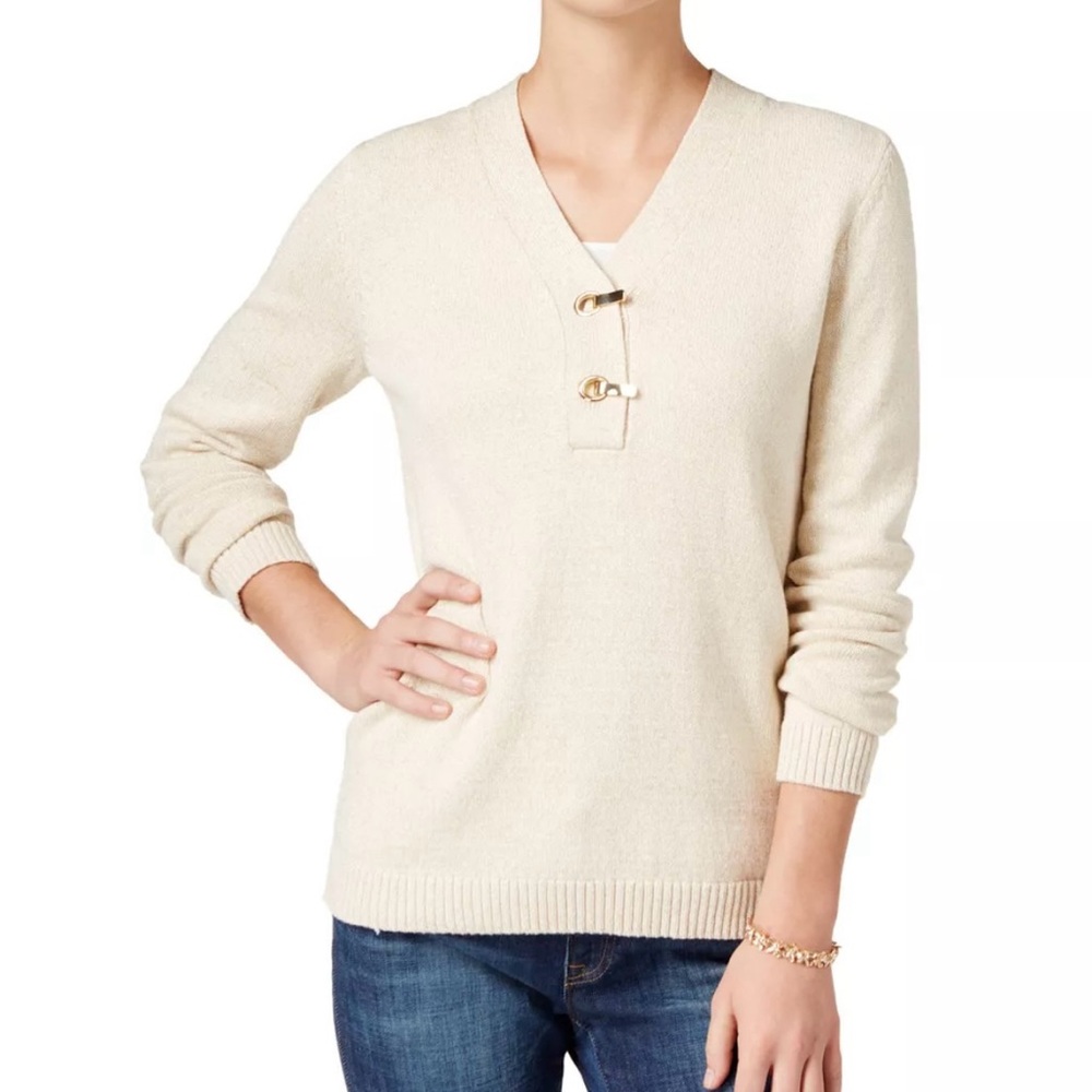 Macy’s-Charter Club Beige with gold metallic tread pullover sweater. Medium